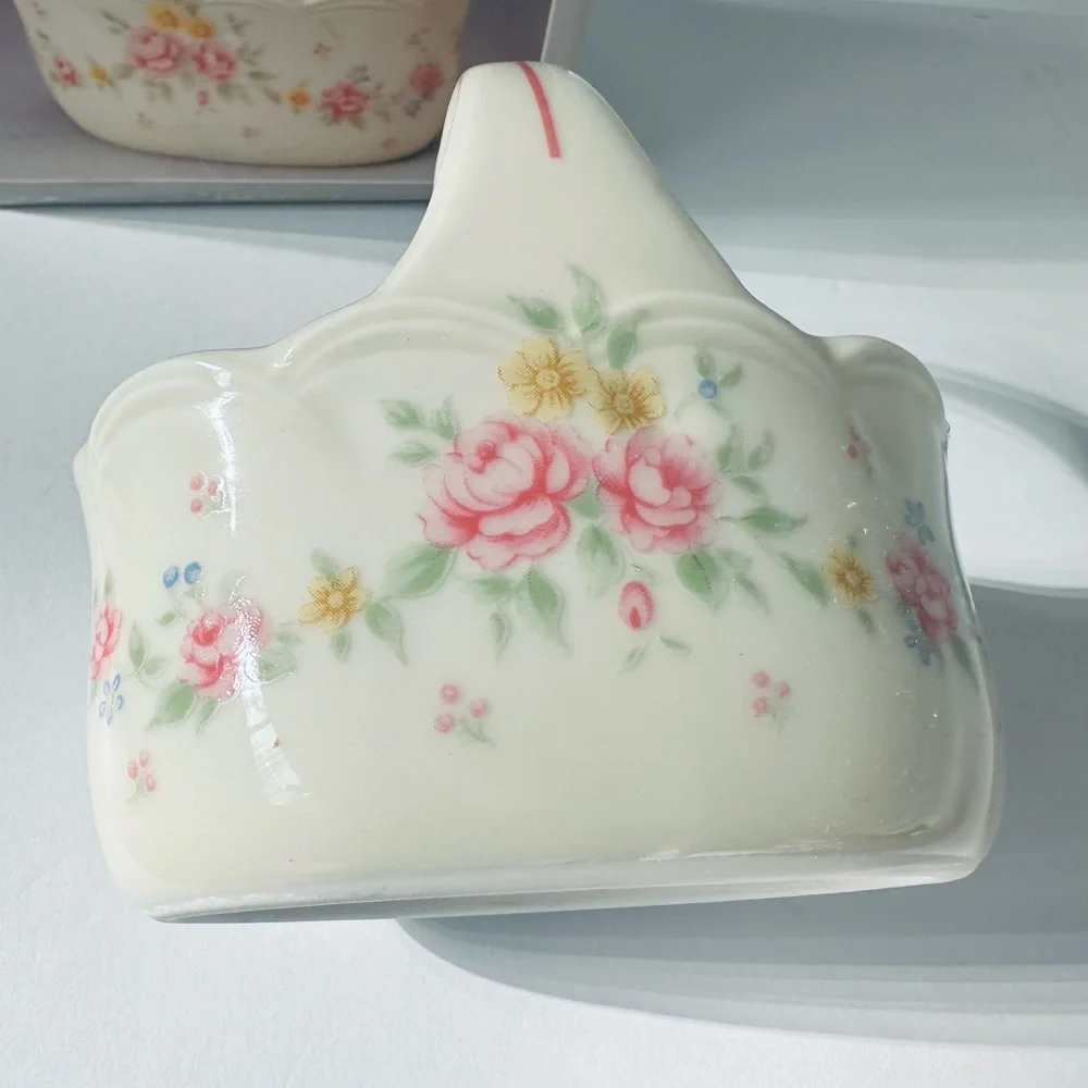 Dainty Trinket Basket Scalloped Edge Floral Ivory Pink Roses Ceramic 4” Japan